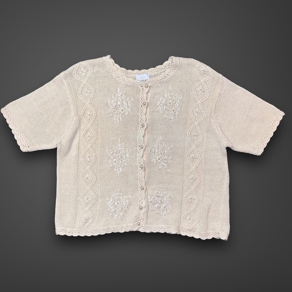 v i n t a g e :: Whimsy Floral Pearl Embroidered Granny Knit Cardigan - Picture 4 of 11
